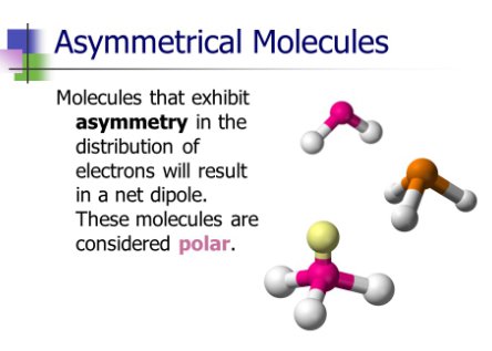 <p>lack of symmetry in a molecule</p>