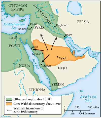 From its base in central Arabia, the Wahhabi movement represented a challenge to the Ottoman Empire, while its ideas subsequently spread widely within the Islamic