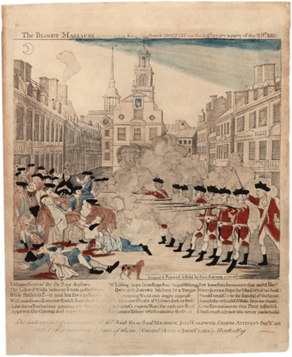<p>The killing of five colonists by British regulars. It was the culmination of the tensions in the American colonies. It made many colonists rally together to counter the evil British. Changed people's mind about the British. (date)</p>