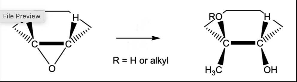 <p>Markovnikov epoxide ring opening (acidic conditions)</p>