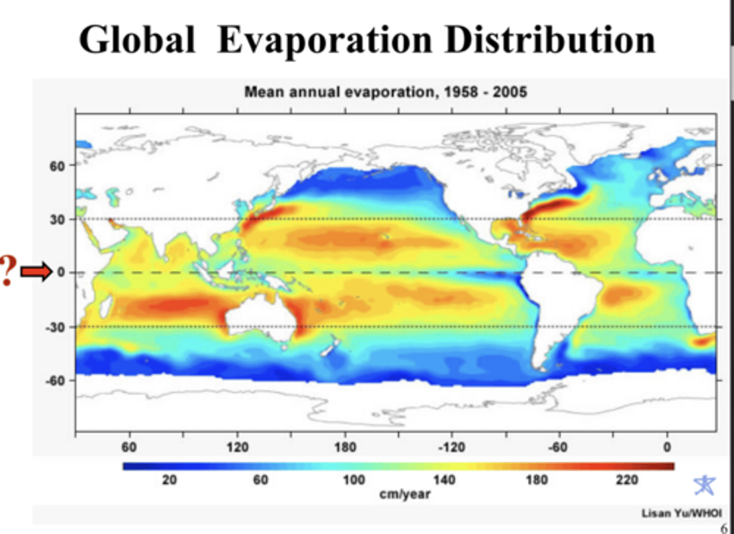 <p>Pattern of high evapotranspiration rates per year around the equator, with northern south America countries, central African countries and south east Asian countries receiving around 1250-1500 mm/year.<br><br>Rainforests around the equator = highest annual evapotranspiration<br><br>The more north or south you go, the lower the annual evapotranspiration rates<br><br>Tropics of cancer = 0-500 mm/year (Russia, Canada, Norway)<br><br>South of tropic of Capricorn = 0-500 mm/year (Chile, Australia, South Africa)</p>