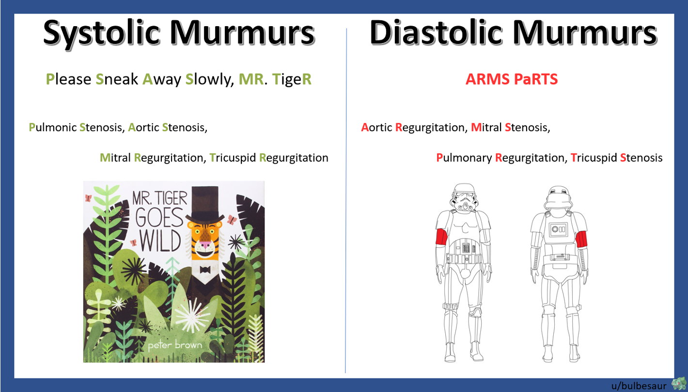 <ul><li><p>Problems occurs during ventricular squeeze:</p><ul><li><p>Aortic stenosis&nbsp;(think as pair) - systolic (only when contracts, aortic valve doesn’t open)</p></li><li><p>Mitral regurgitation (doesn’t close)</p></li><li><p>Pulmonic stenosis&nbsp;(doesn’t open)</p></li><li><p>Tricuspid regurgitation (doesn’t close)</p></li></ul></li><li><p>Heard after S1</p></li></ul><p></p><p>*Know when valves are open and closed during systole&nbsp;</p>