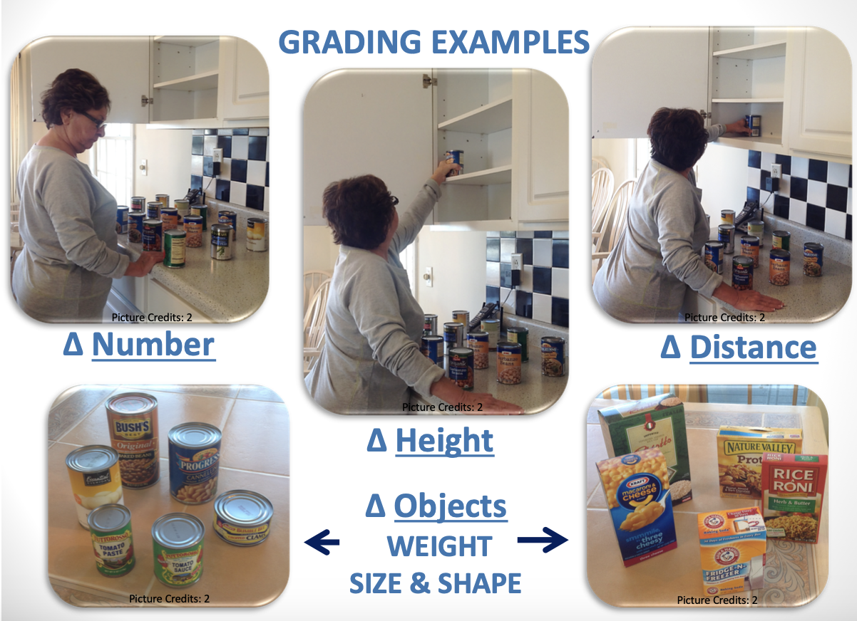 <ul><li><p>tasks graded to match motor capabilities: <strong><u>***challenge but ***don’t overwhelm</u></strong> (e.g., target 1: take repetition in 6-15 seconds)</p></li></ul><ul><li><p>grade up:</p><ul><li><p>achieved &gt;= 100 repetitions in &lt; 15 mins- use graded up version of task performed for an additional couple of minutes</p></li><li><p>achieved &gt;= 100 repetitions in &lt; 15 mins on 2 occasions– use graded-up version of task</p></li></ul></li><li><p>grade down:</p><ul><li><p>unable to achieve 50 repetitions of the task within 15 minutes or if they experience extreme fatigue</p></li></ul></li><li><p><strong><u>***addition of new tasks</u></strong>: 1x/week based on need/desire</p></li></ul><p></p>