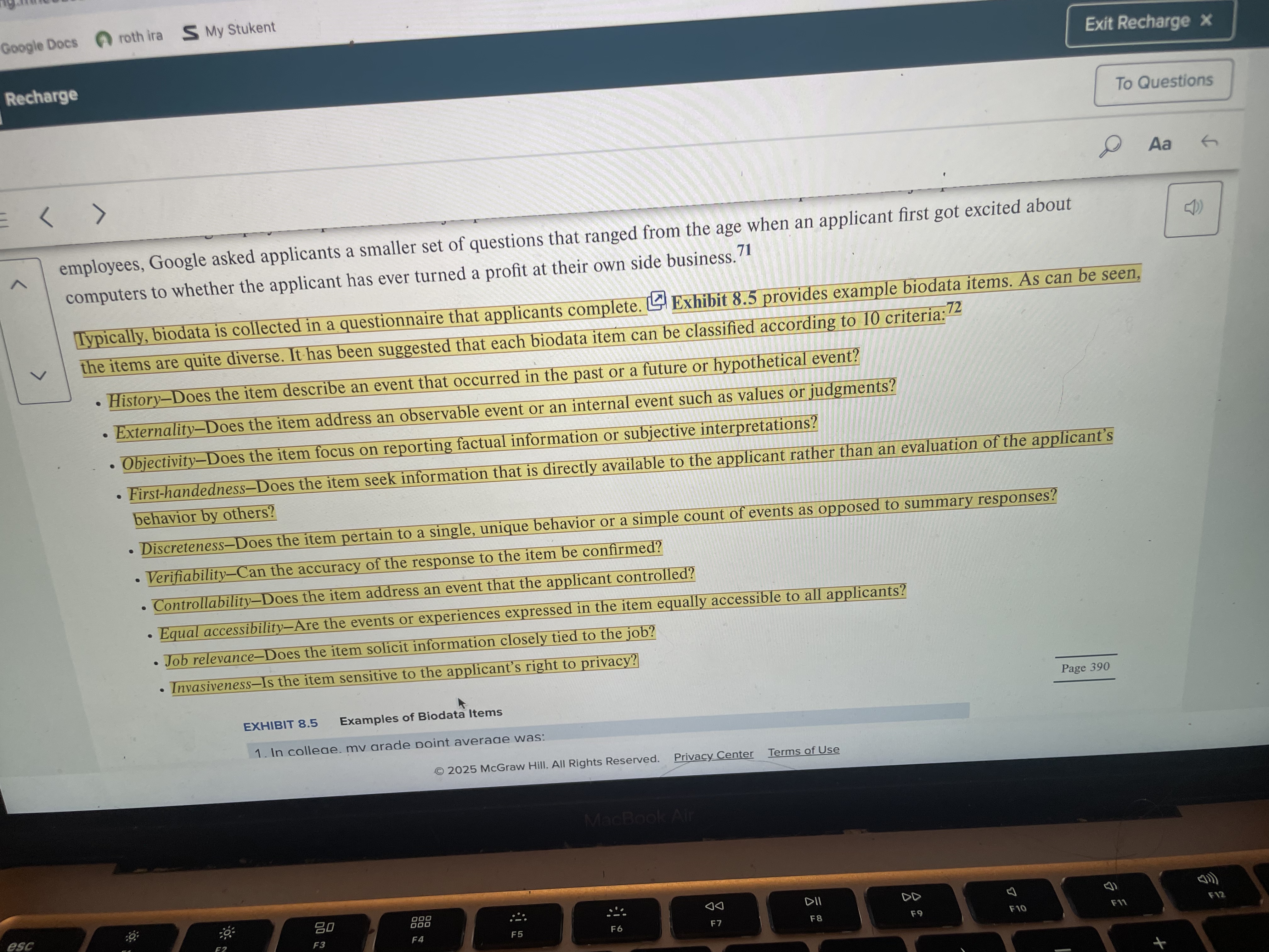<p>Biographical information, often called biodata, is personal history information on an applicant's background and interests. The principal assumption behind the use of biodata is the axiom "The best predictor of future behavior is past behavior," and these past behaviors may reflect job-relevant predictors such as ability or motivation.</p>