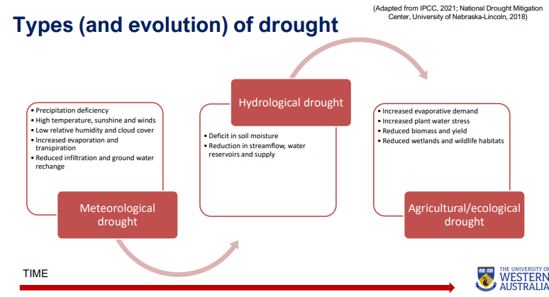 <ul><li><p><strong>Meteorological drought</strong>: reduced precipitation, often worsened by high temperature, wind, and evaporation.</p></li><li><p><strong>Hydrological drought</strong>: deficits in soil moisture, rivers, reservoirs, and groundwater.</p></li><li><p><strong>Agricultural/Ecological drought</strong>: plant water stress, reduced yield, habitat and biodiversity impacts</p></li><li><p>Transcript adds: droughts often <strong>propagate</strong>—starting with rainfall deficiency and spreading into wider ecological and social effects</p></li></ul><p></p>