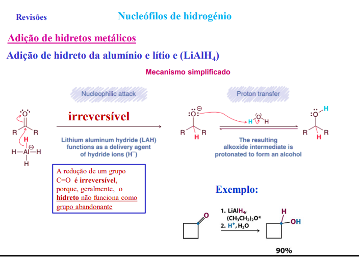 <p>adição de hidretos metálicos (NaBH4 e LiAlH4)</p>