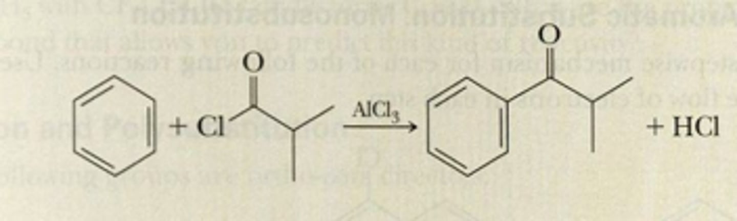 <p>RCO-X (Cl, Br, etc.), adds RC=O group and removes X. Occurs w/ AlCl3</p>