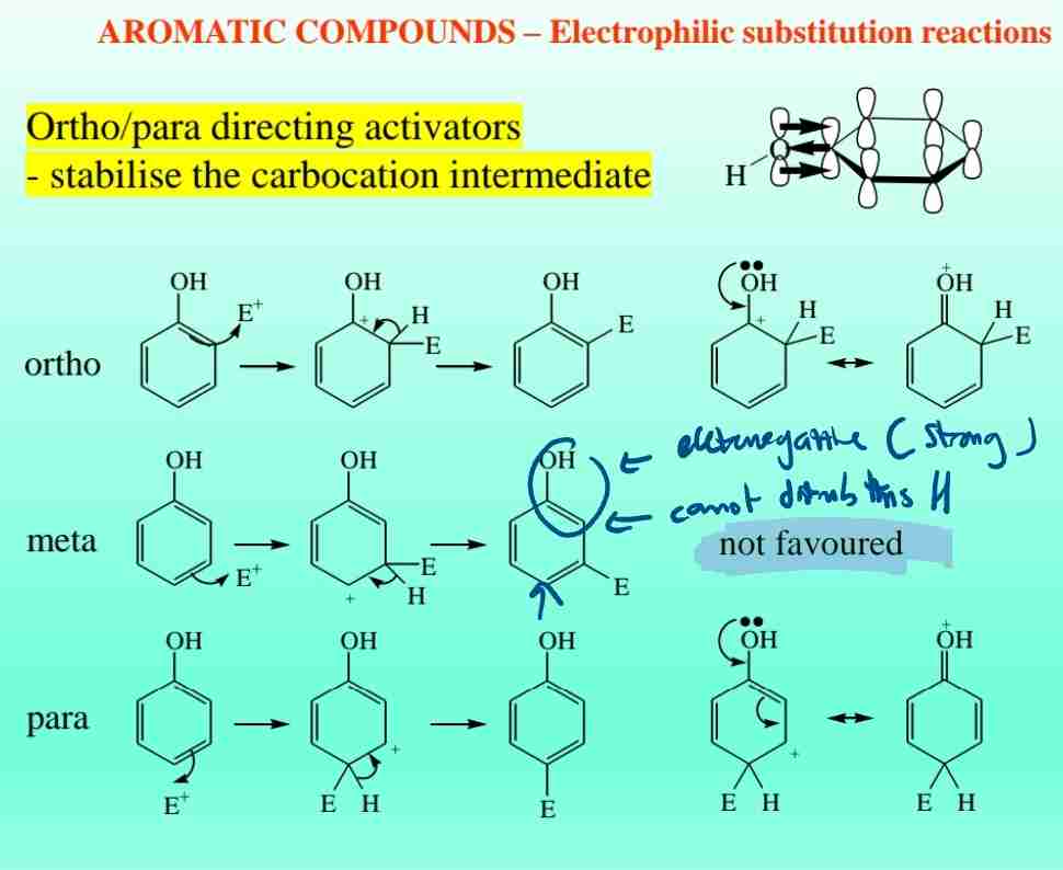 <p><span>Electron-donating groups (e.g., OH, NH2) increase reactivity and direct ortho/para substitution.</span></p>