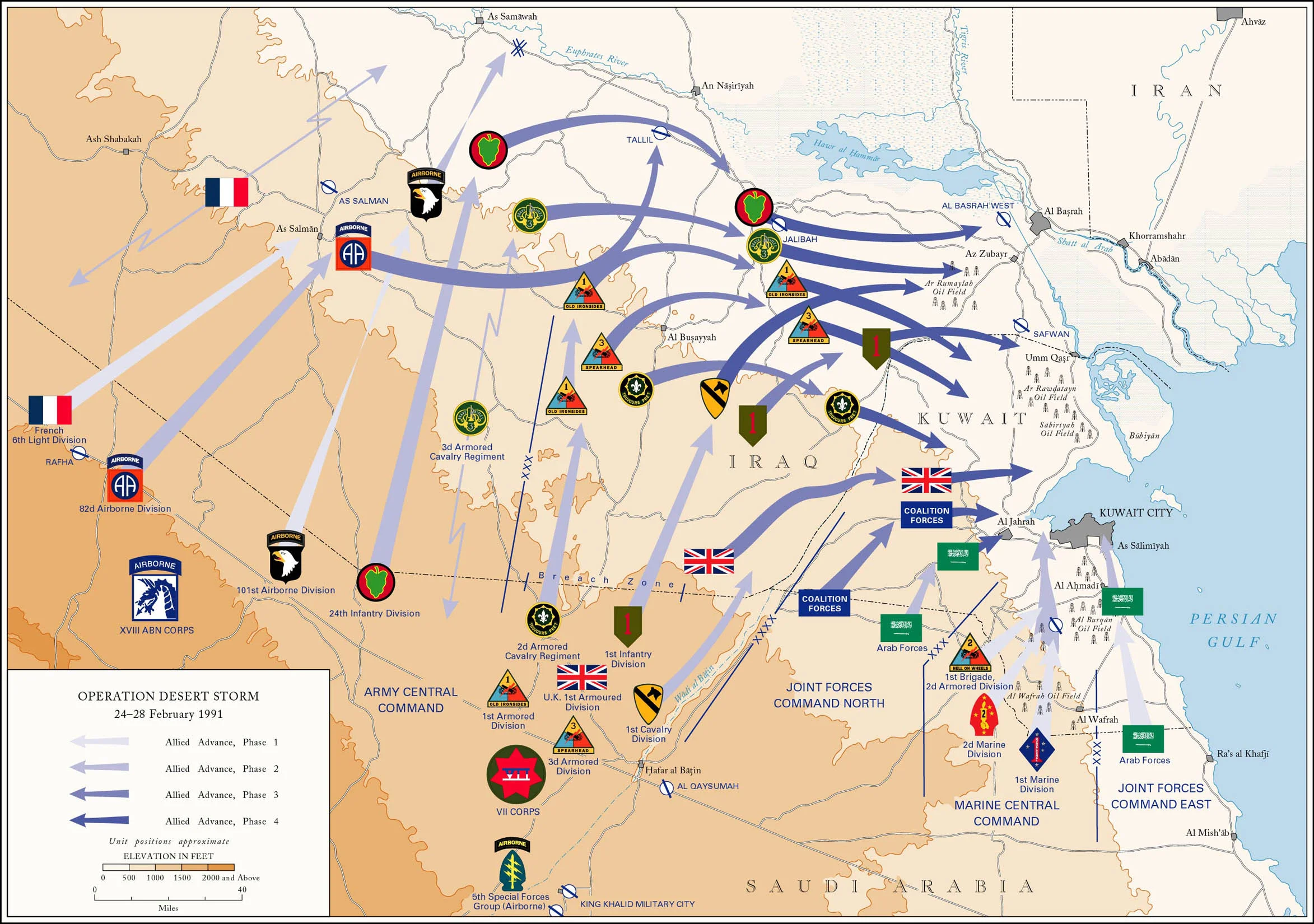 <p>Desert Shield (1990): U.S. defense of Saudi Arabia after Iraq invaded Kuwait.<br>Desert Storm (1991): Coalition offensive that expelled Iraqi forces through air and ground operations.</p>