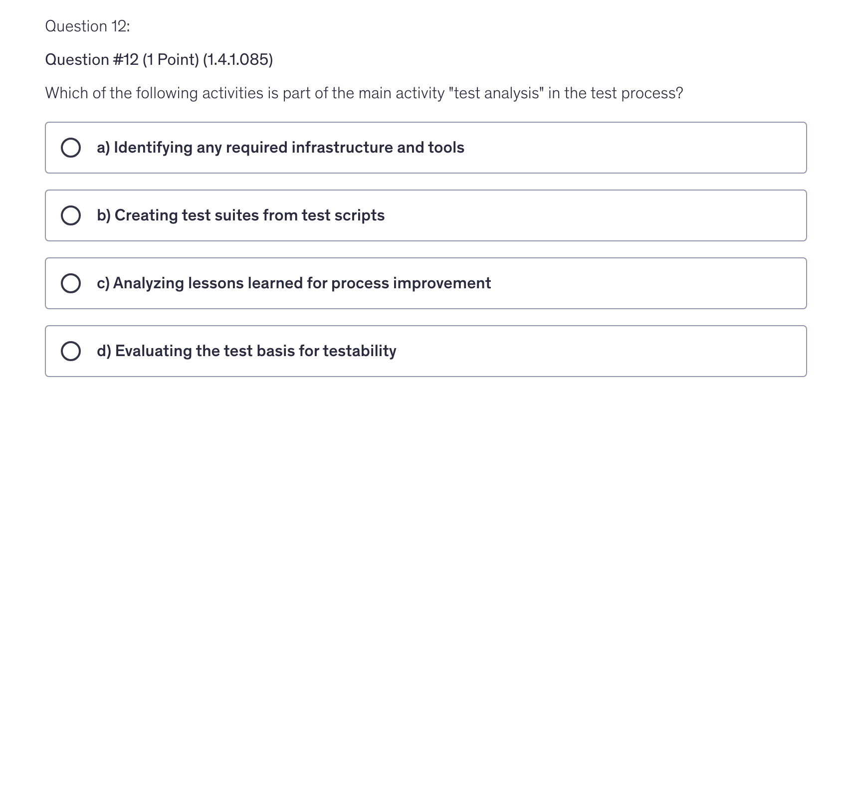 <p>Which of the following activities is part of the main activity "test analysis" in the test process?</p>