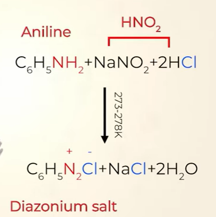 <p>The conversion of <em>primary aromatic amines</em> into diazonium salts is known as <em>diazotisation</em></p><p>cannot be stored for long hence used</p>