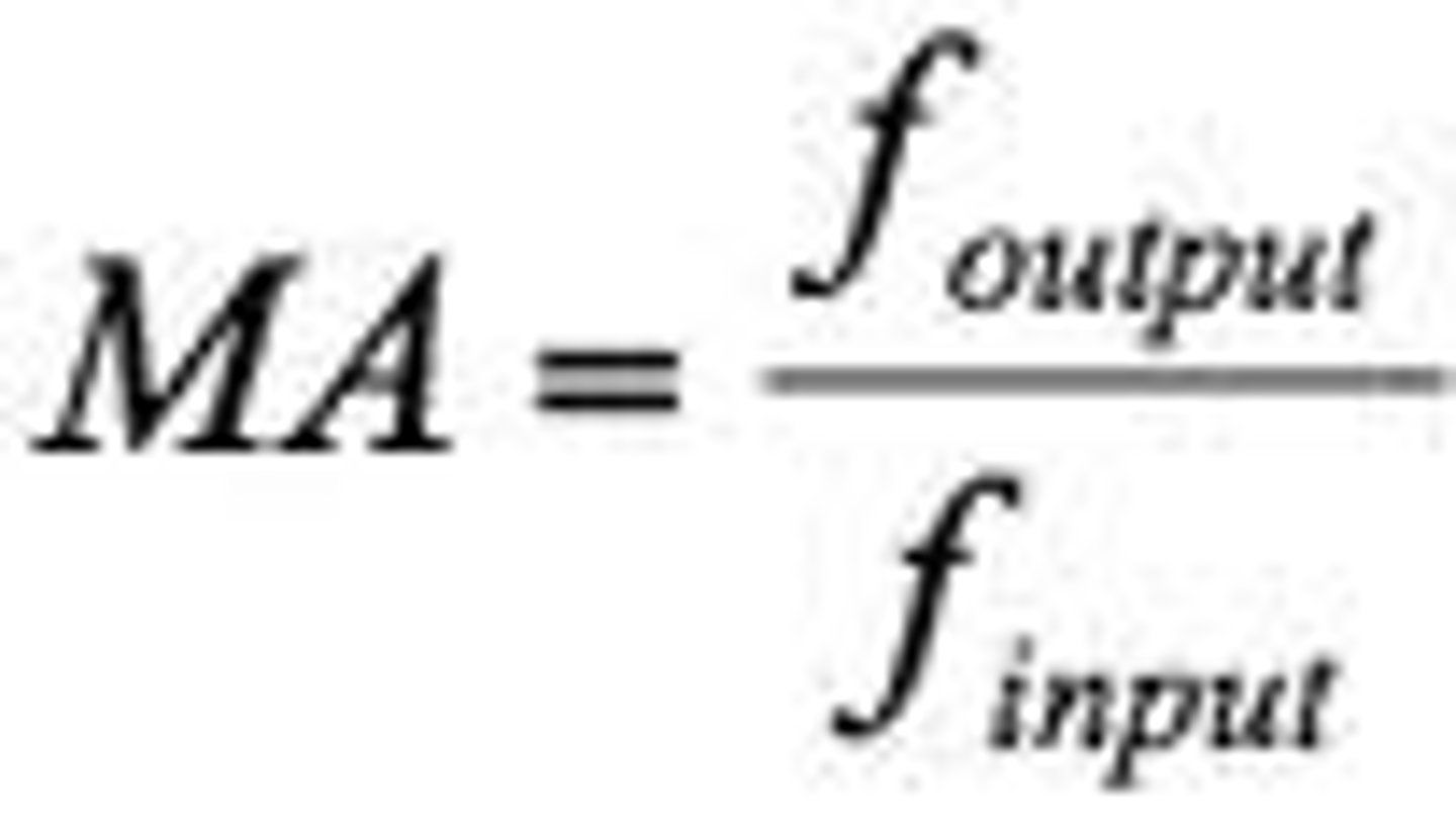 <p>ME = F(out)/F(in); ratio of force created to the force you put in; no dimensions or units (a ratio)</p>