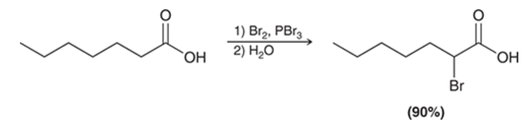<ul><li><p><strong><u>Alpha halogenation</u></strong> of the CA</p></li><li><p>Hell-Volhard-Zelinsky (HVZ) reaction</p></li><li><p>Br added to alpha position of CA carbonyl</p></li></ul><p></p>