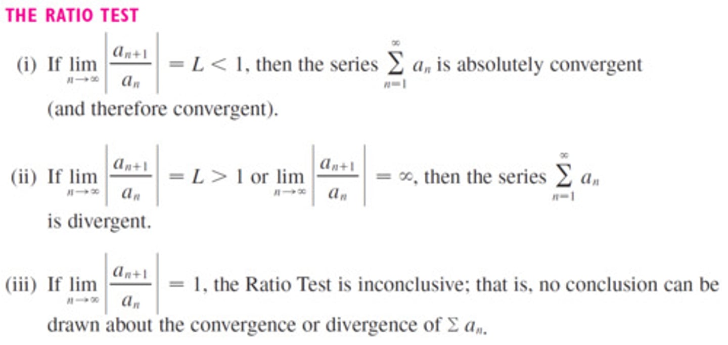 <p>L=1 (nothing) L&lt;1 (converges) L&gt;1 (diverges)</p>