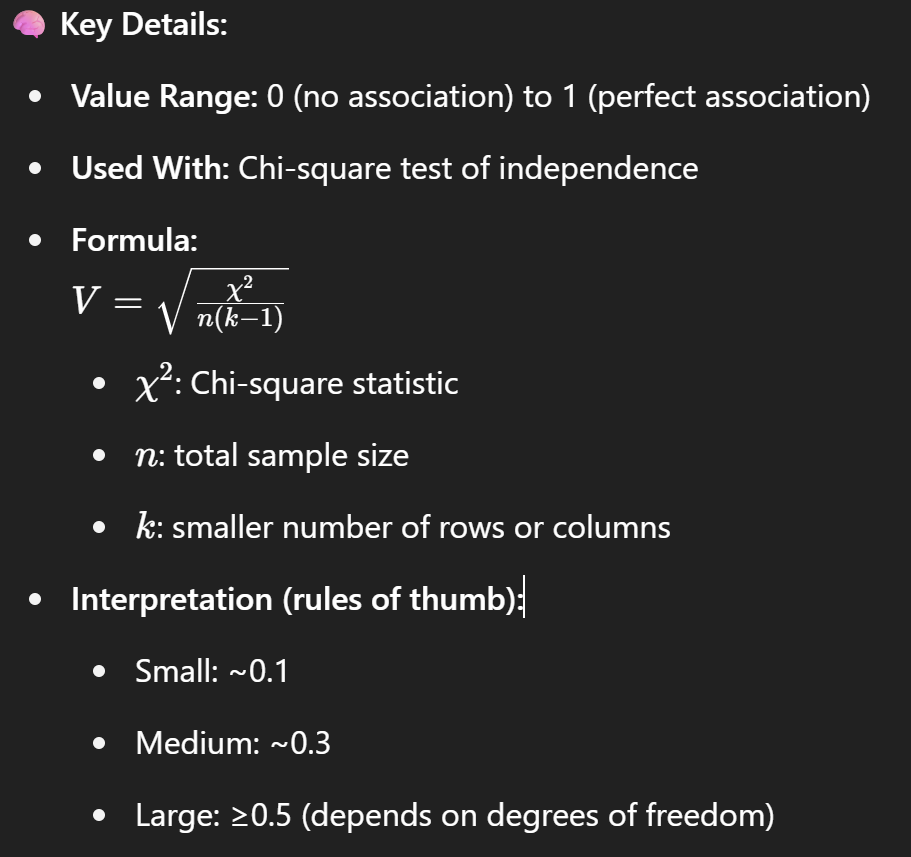 <p>Cramér’s V measures the <strong>strength of association</strong> between two <strong>nominal (categorical)</strong> variables.</p><p>chi-squeare of independence </p>