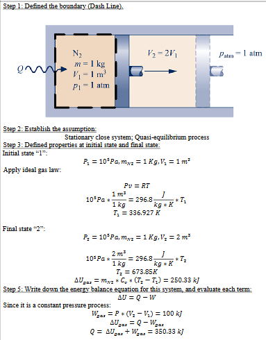 <p>a. 337 K</p><p>b. 674 K</p><p>c. 250 kJ</p><p>d. 350 kJ</p><p>e. Shaded area [P1=P2= 100 | V1= 1m³ to V2= 2m³]</p>