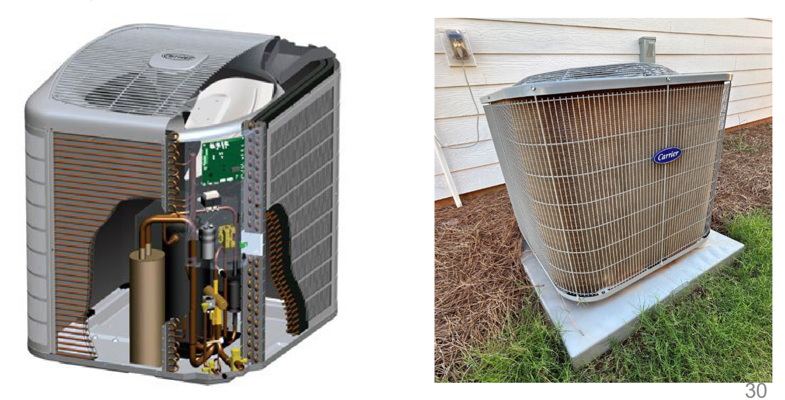 <p>takes thermal energy from outside source &amp; pushes it into enclosed space. uses refrigerant which is pumped by a compressor btwn two heat exchanger coils in a constant process of condensation &amp; evaporation.</p>