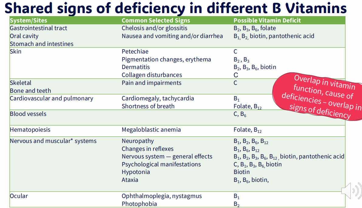 <p>Shared signs of deficiency in different B vitamins</p>
