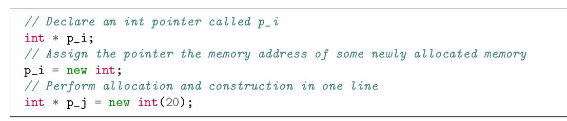 <p>You assign a pointer to newly allocated memory like this: p_i = new int; assigns memory for an integer to the pointer p_i.<br><br>To put simply, this assigns memory for a new integer variable and then sets the pointer to that location. Full code:</p>