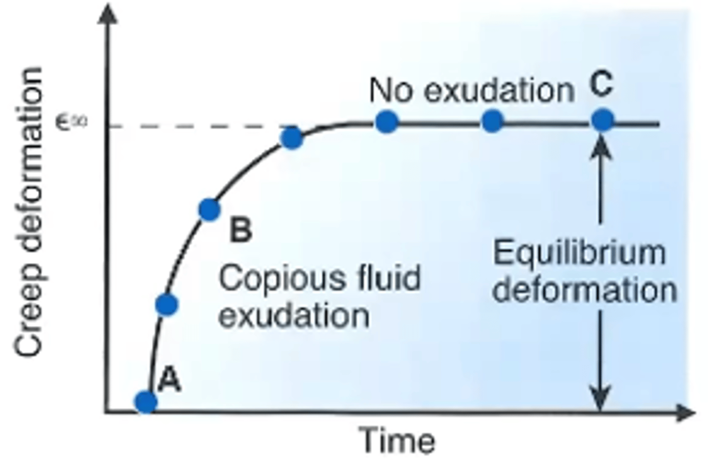 <p>The tissue rapidly strains due to fluid movements, and then plateaus off when the tissue components redistribute so that the internal stress is equal to the externally applied stress</p>