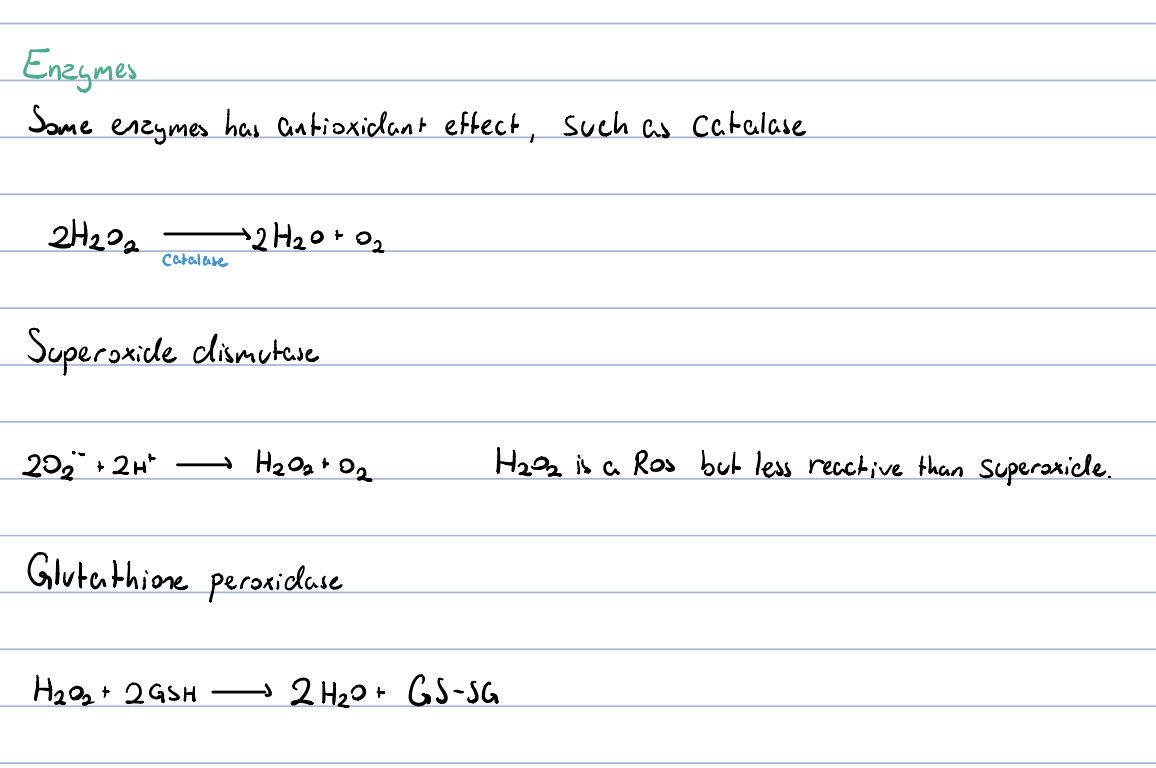 antioxidants

* compounds which functions to neutralize ROS
* they can do this by accepting or donating electrons to eliminate the unpaired condition of the free radical 
* in this process they either directly react w. the radical and destroy it, or become new, more stable radicals
* e.g: glutathione, vitamin A, C and E, uric acid

enzymes

* image →