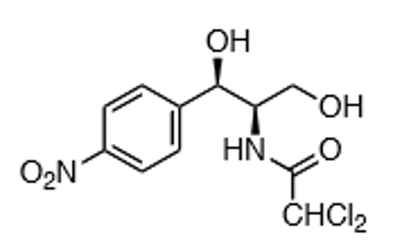 <p>Binds reversibly to 50S ribosomal subunit (Near the site of erythromycin and clindamycin) and inhibits peptidyl transferase activity of the ribosome, lipid soluble but remains unbound to plasma proteins, penetrates all tissues including the brain. Resistance via reduced membrane permeability, mutation of 50S ribosomal subunit, elaboration of chloramphenicol acetyltransferase (bacteria cells), or metabolized the nitro group to an amino via NADPH (mammalian cells). Aplastic anemia risk (Highest with oral), will occur potentially months after treatment, bone marrow suppression, P450 inhibitor, concentration of drug increases with inflamed meninges.</p>