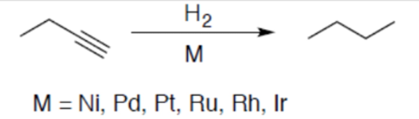 <p>Carbocation: no</p><p>Regiochemistry: N/A</p><p>Stereoselectivity: syn</p><p>Reagent(s): H2 over M = Ni, Pd, Pt, Ru, Rh, Ir</p><p>- Turns terminal alkyne into alkane</p>