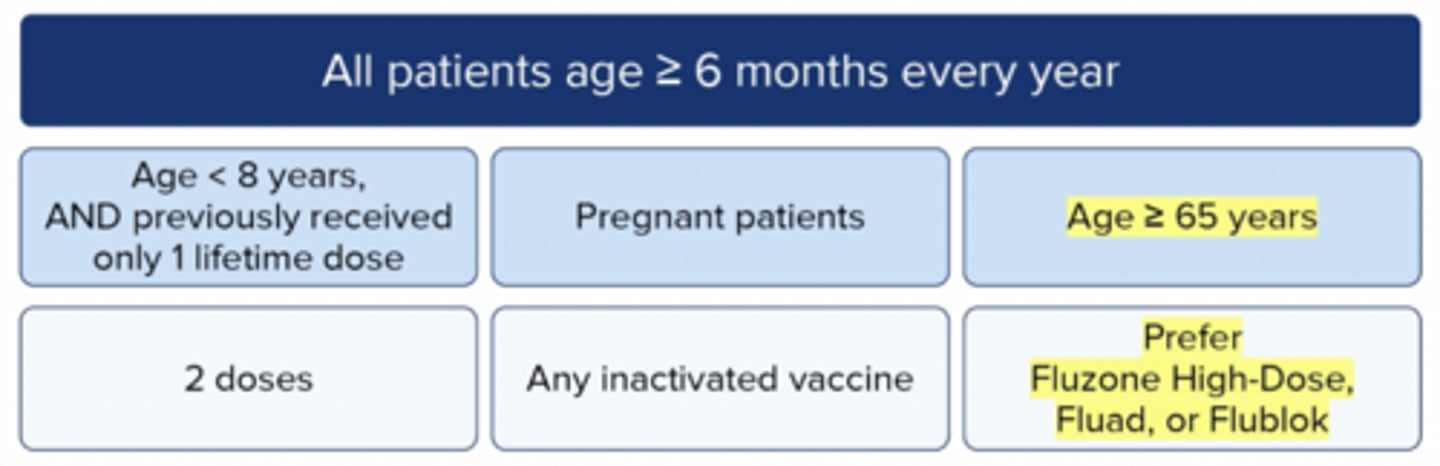 <p>all patients ≥6 months every year</p><p><8 yo need 2 doses if the first time getting flu vaccine (now, then in 4 weeks)</p><p>Pregnancy - any inactivated vaccine</p><p>≥ 65 yo: fluzone, high dose fluad, flublok</p>