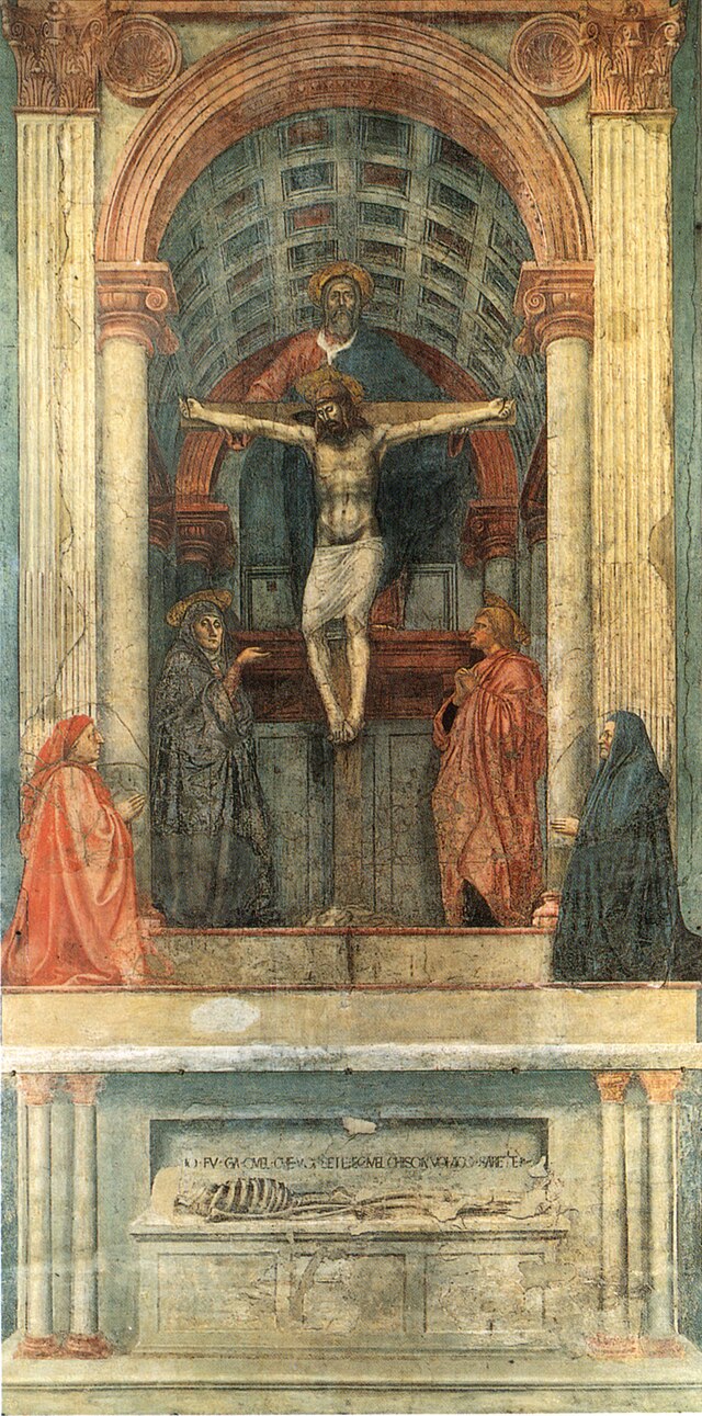 <p>One of the oldest surviving paints that has scientific use linear perspective. The fresco gives an illusion of a chapel on the side of a wall at Santa Maria Novella. While it depicts the Holy Trinity along with Mary and John it also depicts the donors who paid on the painting on either side. </p>