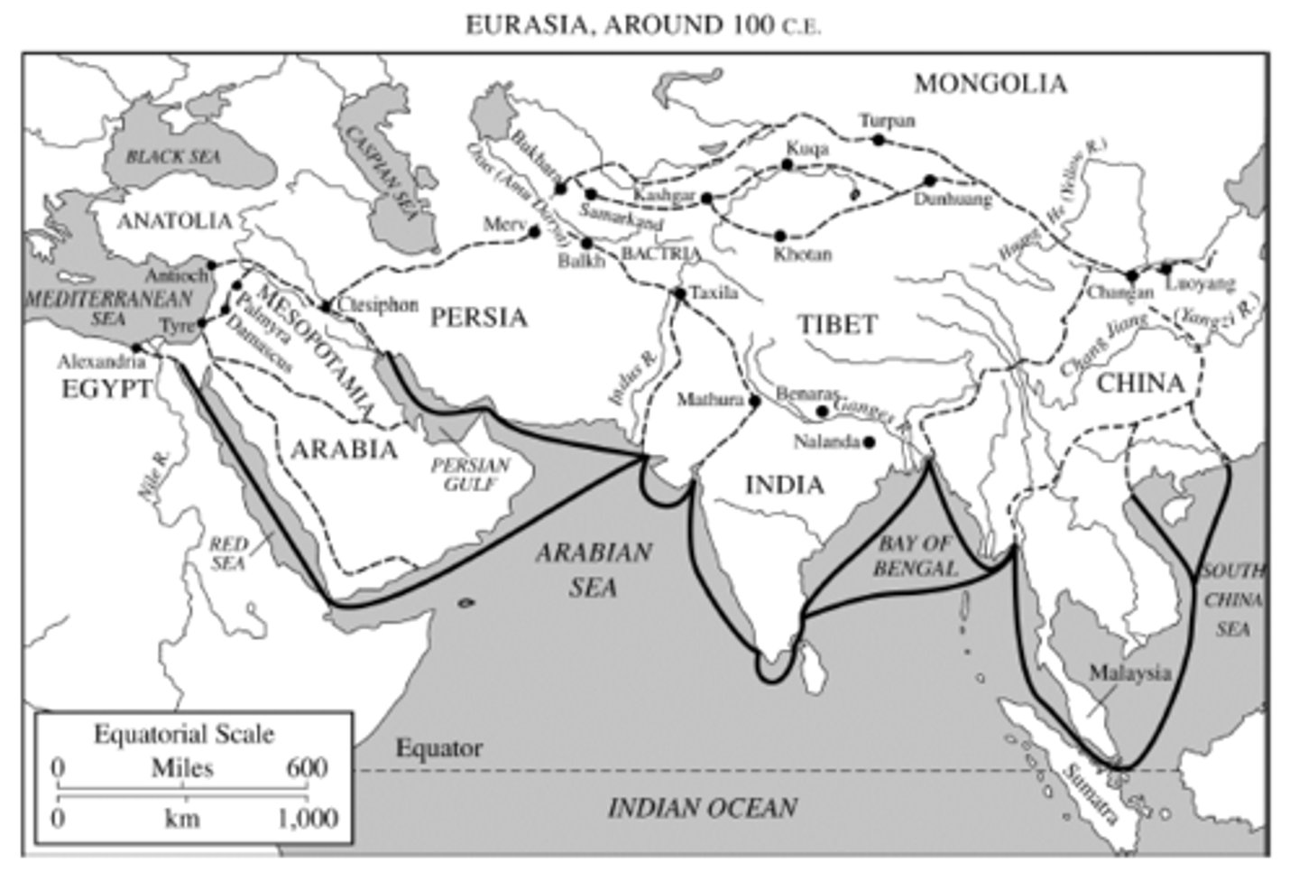<p>The lines on the map above illustrate which of the following?</p><p>A</p><p>Spread of Hinduism</p><p>B</p><p>Spread of Christianity</p><p>C</p><p>Extent of trade routes</p><p>D</p><p>Seasonal migrations of nomads</p>