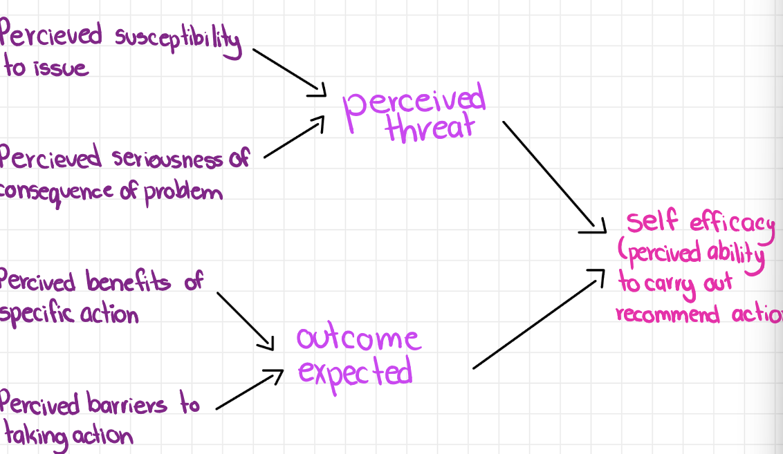 <ul><li><p>is it serious?</p></li><li><p>am i susceptible?</p></li><li><p>is it worth it to change?</p></li><li><p>what barriers are there?</p></li></ul><p></p>