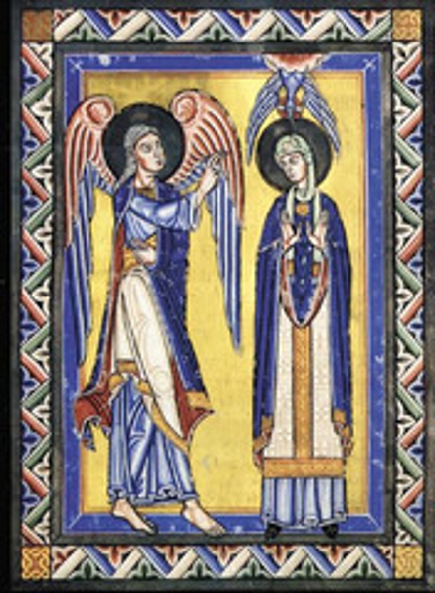 <p>1150 AD</p><p>not spatially realistic, traditional, SYMBOLIC, intended to point to heaven, the queen of heaven as she was right then to the monks, Mary's hands in submission, dove above Mary's head, angel's hands in speech and veiling heavenly glory, golden thread runs from the dove to Mary's head to show that she would have a child by the "power of the Holy Spirit"</p>
