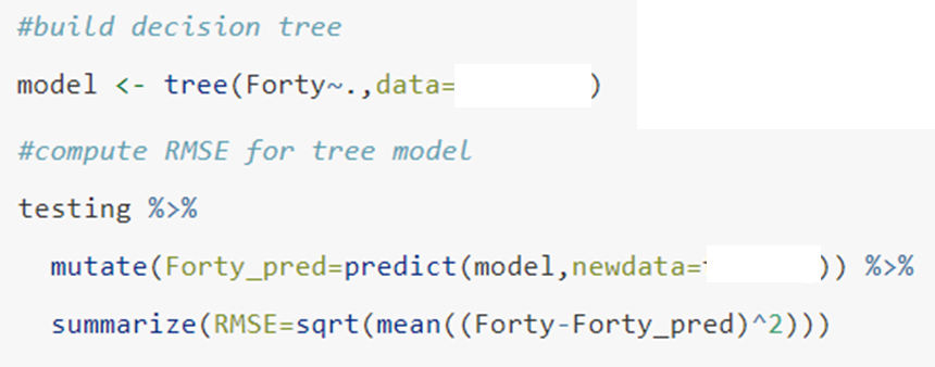 <p>Imagine you are asked to construct a regression tree to predict the forty-yard dash time of a football player based on other performance characteristics. You obtain a random sample of player in a data frame called <span>combine</span>. You then split the the sample into <span>training </span>and <span>testing </span>sets. The code below estimates and evaluates the model. Which data frames should you choose in the blank boxes?</p><p></p><p>training, combine</p><p>training, testing</p><p>testing, training</p><p>combine, testing</p>