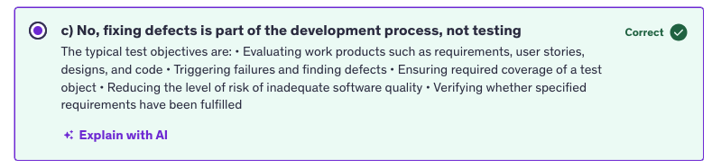 <p>c) no, fixing defects is part of the development process, not testing</p>