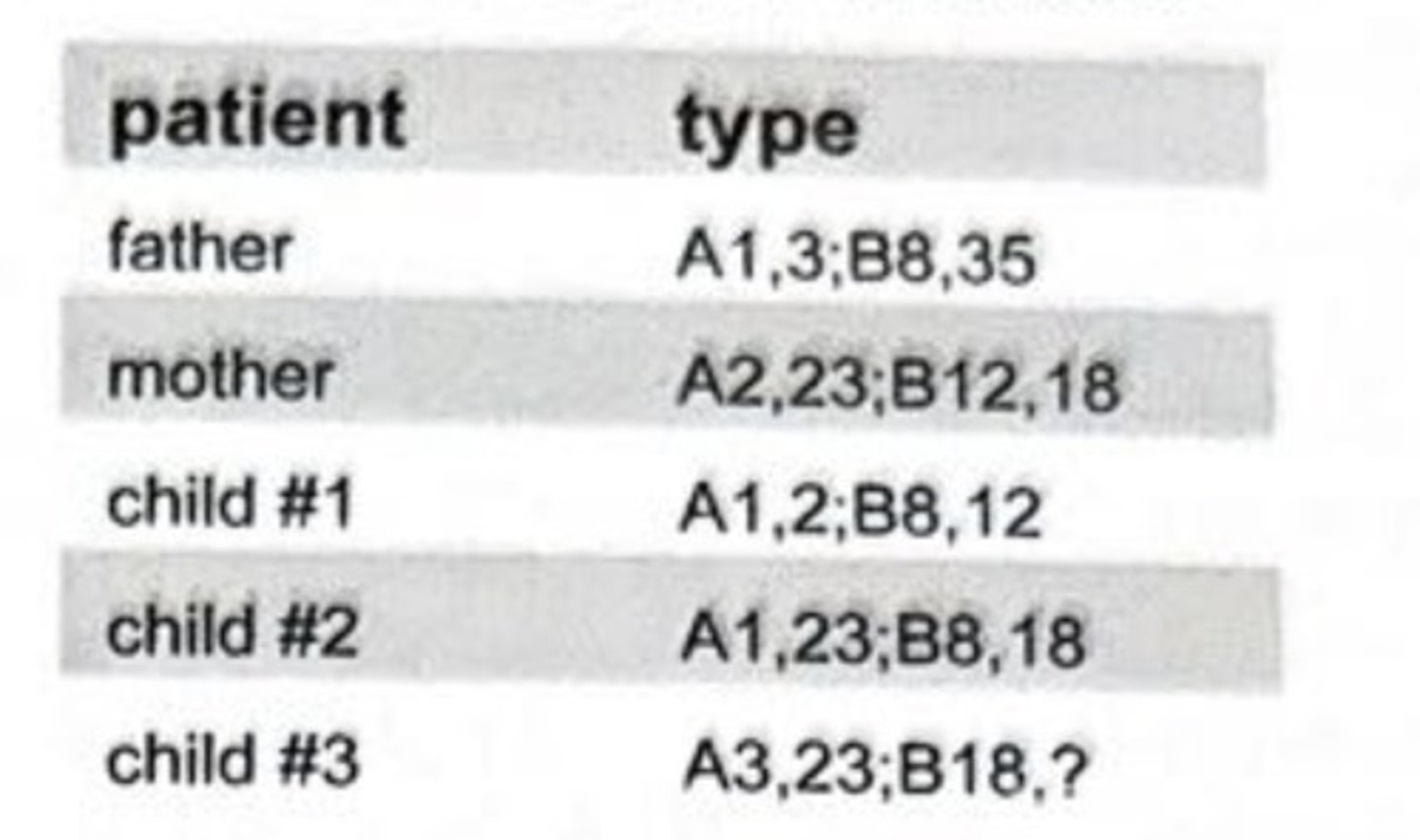 <p>A family has been typed for HLA because 1 of the children needs a stem cell donor. Typing results are listed in the table. What is the expected B antigen in child #3?</p><p>a A1</p><p>b A2</p><p>с B12</p><p>d B35</p>