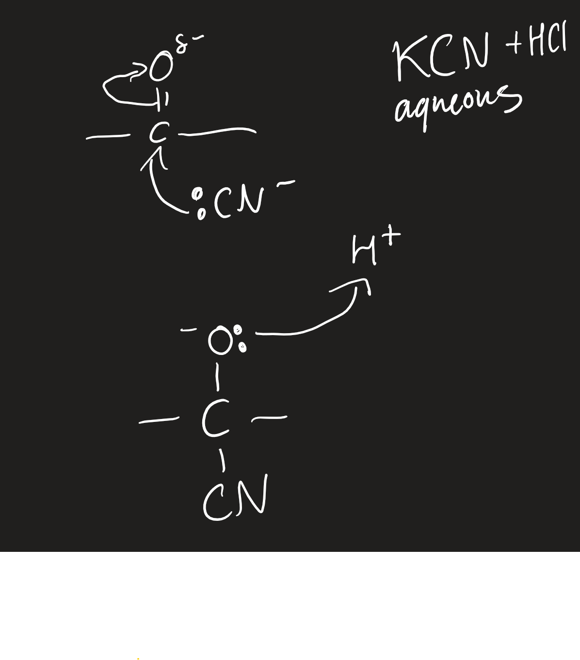 <p>sodium/potassium cyanide and dilute hydrochloric acid</p><p>aqueous </p><p>produce hydroxynitriles </p>