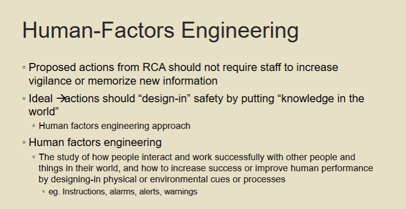 <p>The study of how people interact with systems/tools, aiming to improve performance by designing intuitive cues (e.g., alarms, alerts) rather than relying on memory/vigilance</p>