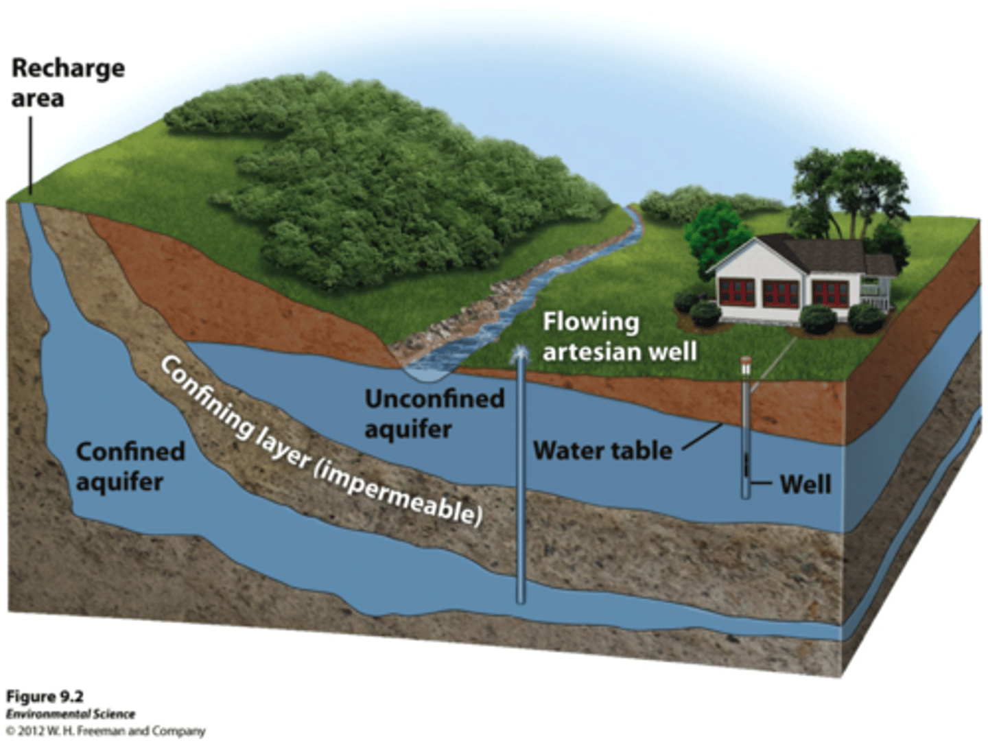 <p>Water can flow easily in and out of the aquifer. Porous rock covered by soil</p>