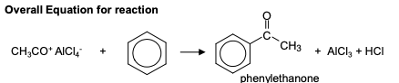 <ul><li><p>Change in functional group: benzene —&gt; phenyl ketone</p></li><li><p>Reagents: acyl chloride in the presence of anhydrous aluminium chloride catalyst</p></li><li><p><strong>Conditions: heat under reflux</strong></p></li><li><p>Mechanism: Electrophilic substitution</p></li></ul><p>Equation for Formation of the electrophile:</p><p>AlCl₃ + CH₃COCl —&gt; CH₃CO⁺AlCl₄ ⁻</p>