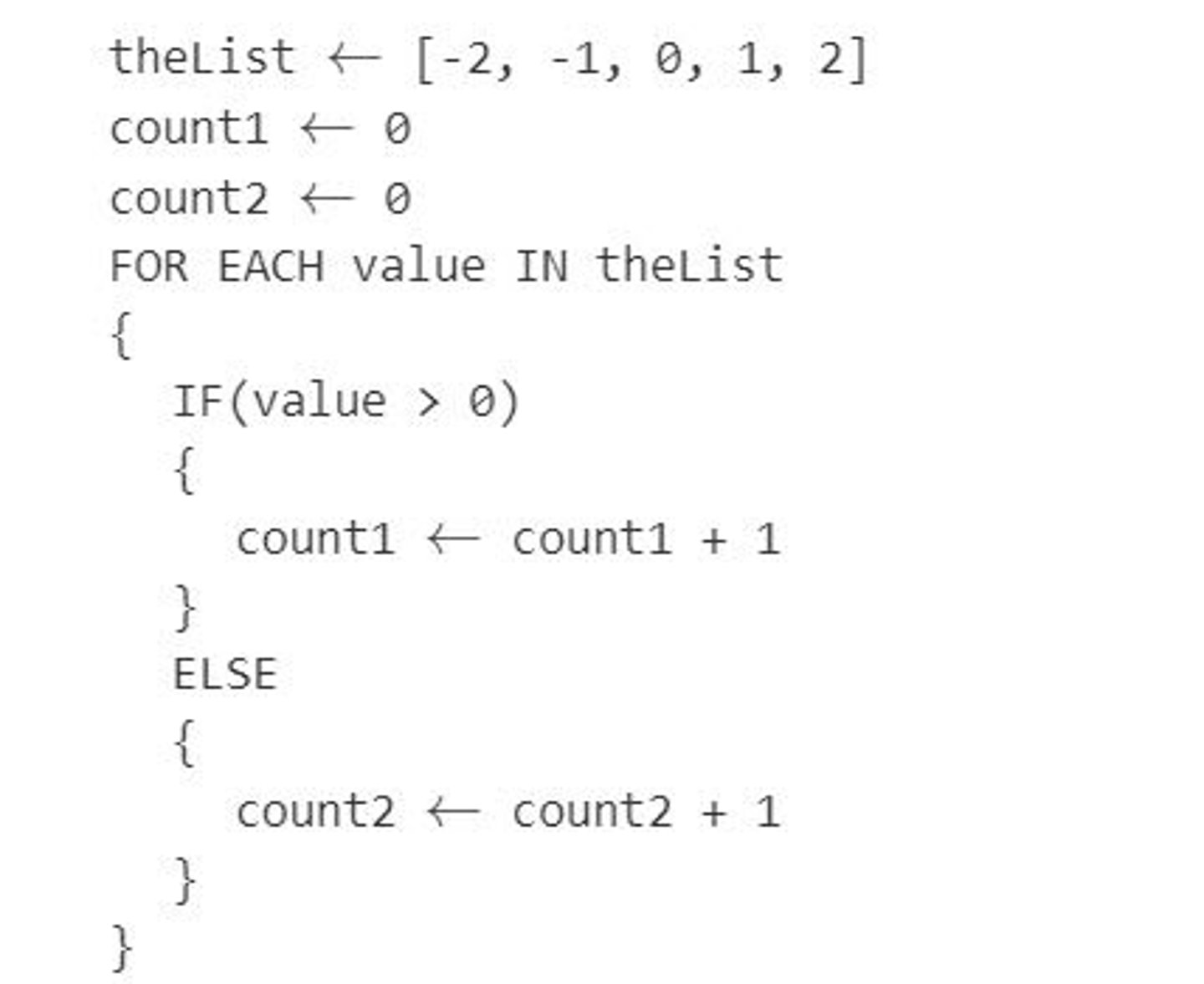 <p>Consider the following code segment. What are the values of count1 and count2 as a result of executing the code segment?</p>