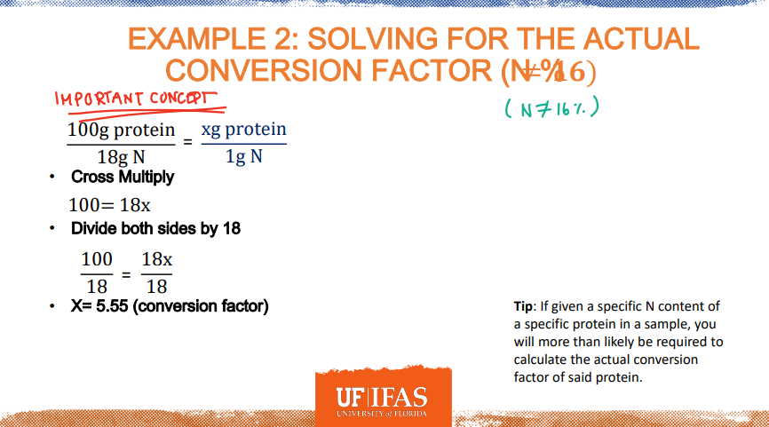 <p>Review </p><p>*Tip: If given a<strong> specific N content</strong> of a <strong>specific protein</strong> in a sample, you will more than likely <strong>be required to calculate the actual conversion factor of said protein</strong></p>