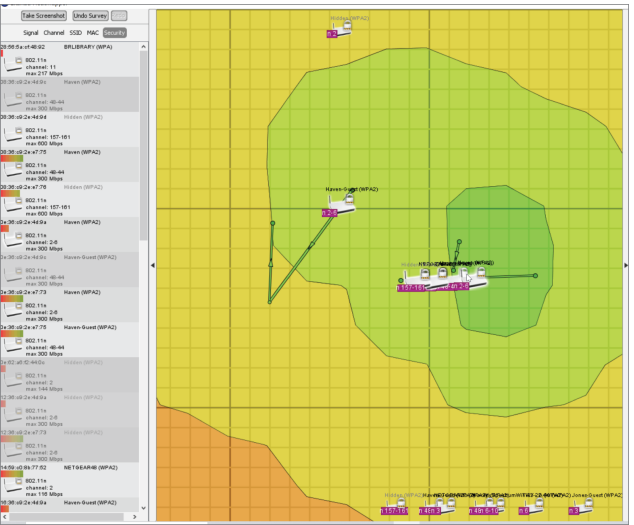 <p>As part of his wireless network deployment efforts, Scott generates the image shown here. What term is used to describe this type of visualization of wireless networks?</p><p>A. A heatmap</p><p>B. A network diagram</p><p>C. A zone map</p><p>D. A DMZ</p>