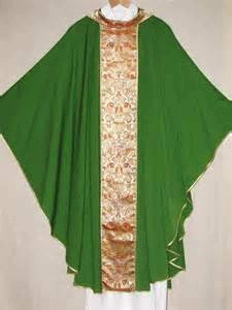 <p>to camouflage their own bodies to reminds us all that it's Christ who is the center of the mass, not them.</p><p>amice (armor), alm (purity), cincture (chastity), stole (spiritual authority of the priest), chasuble (charity of Christ).</p>