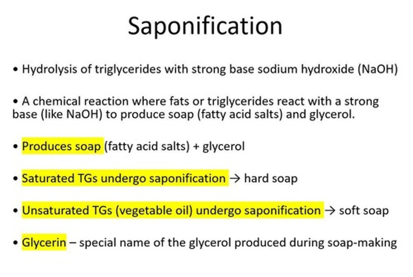 <p>Turning fat into soap using a strong base (commonly NaOH).</p>