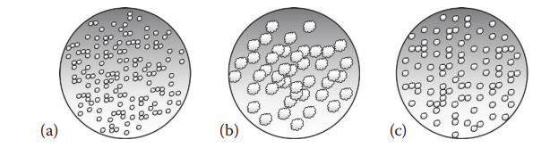 Diagram of Lattes crust assay results. (a) Indicator cells added before incubation. (b) Strong agglutination: large clumps are observed after incubation. (c) Negative agglutination: a cloudy background may be observed after incubation.