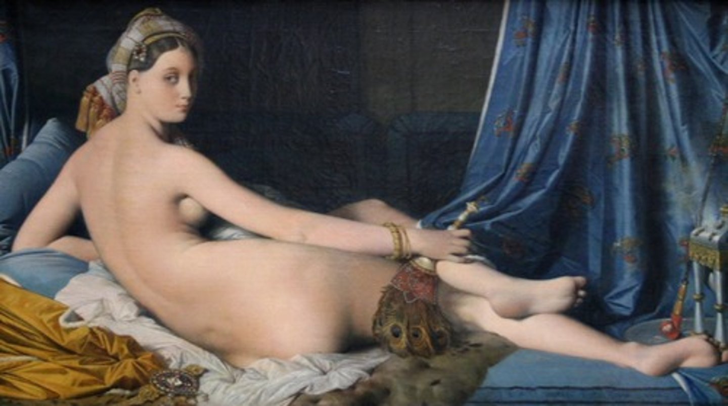 <p>"Stylize for effect" Grand Odalisque - the proportion of her body makes everything more sensual. Her turan, fan, and hookah also make her more exotic. Napoleon in the Pesthouse at Jaffa - dramatic lighting, sick and dying people rich colors, middle eastern setting (architecture), and looseness in the painting style.</p>