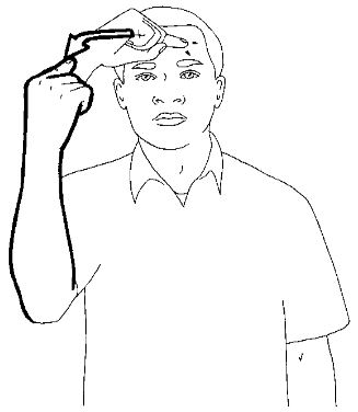 Drag your straight index
finger across your forehead