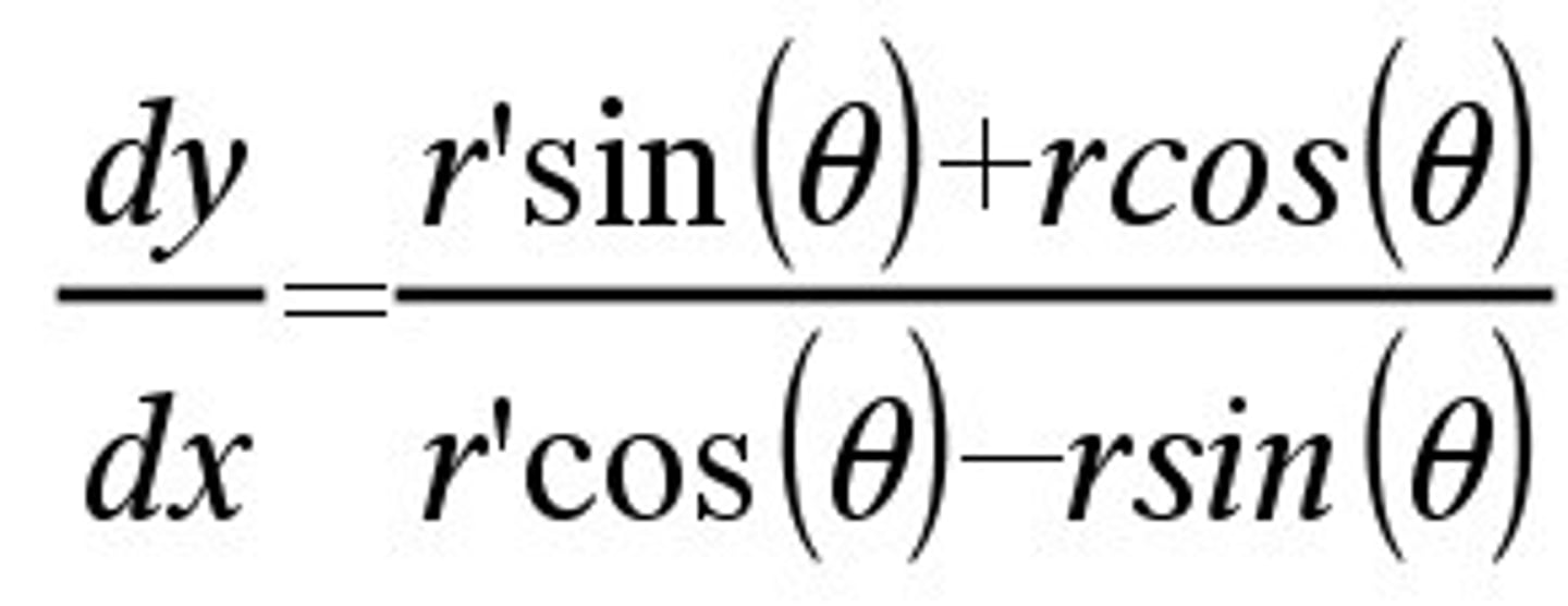 <p>take derivative of numerator and denominator separately by product rule:<br>dy/dx = == d/dθ rsinθ /// d/dθ rcosθ<br>=<br>r'sinθ + rcosθ // r'cosθ - rsinθ</p>