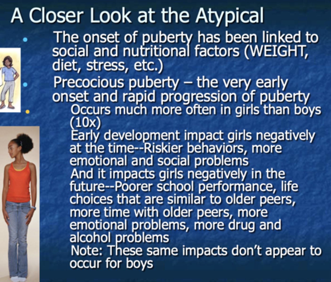<p>-the very early onset and rapid progression of puberty</p><p>-more often found in girls and has negative impact.</p>