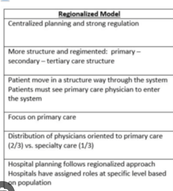 <p>structured hierarchy</p><p>primary care base</p><p>geographic coordination</p><p>general practitioners (GPs) at the primary level</p>